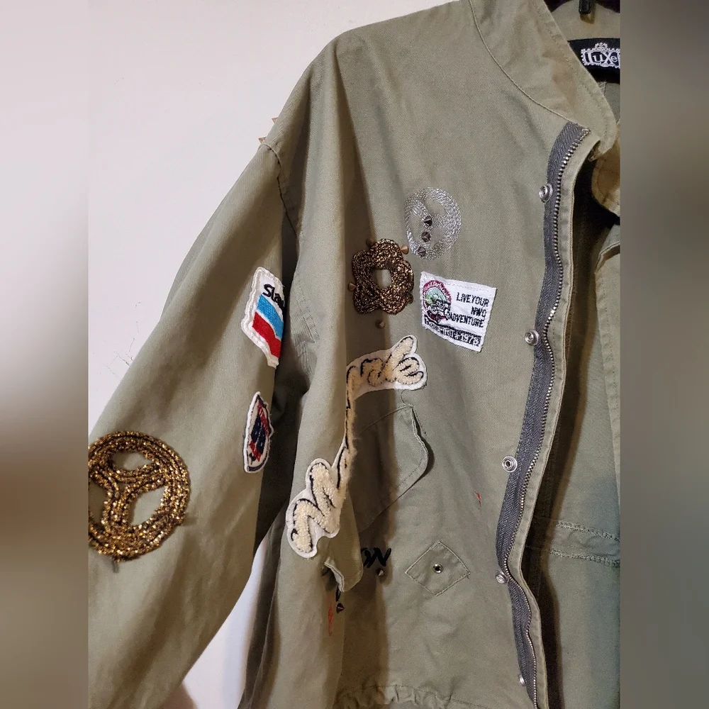 Military Punk Spike Army Style Olive Green Jacket Patches Y2k - Picture 2 of 7